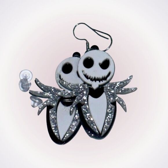 Jack Skellington black white and glitter drop earrings | Sz OS, New - Picture 1 of 4